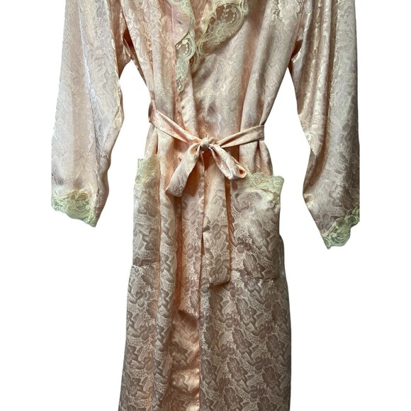 VICTORIA'S SECRET Vintage 90s Gold Label Long Satin Robe Belted Peach Lace M/L - Picture 3 of 14